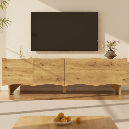 Móvel de TV moderno 155 cm - Estilo ondulado, 4 portas, arrumação e passagem de cabos - Natural Móvel de TV moderno 155 cm - Estilo ondulado, 4 portas, arrumação e passagem de cabos - Natural