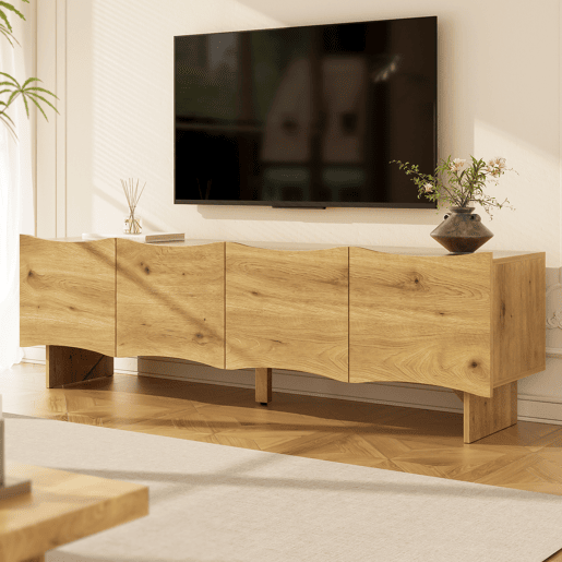 Móvel de TV moderno 155 cm - Estilo ondulado, 4 portas, arrumação e passagem de cabos - Natural Móvel de TV moderno 155 cm - Estilo ondulado, 4 portas, arrumação e passagem de cabos - Natural