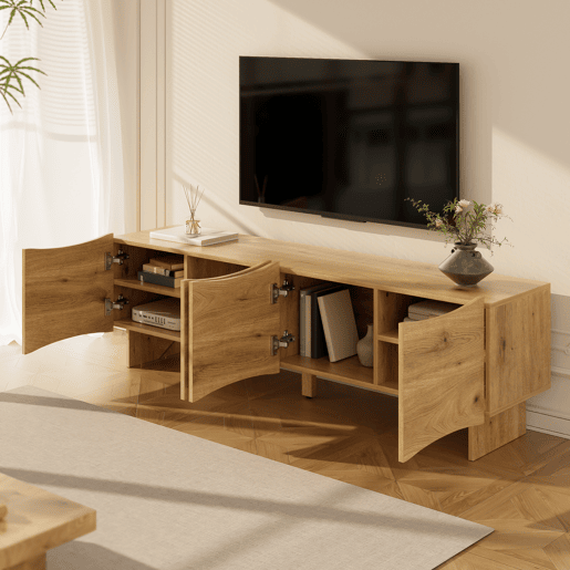 Móvel de TV moderno 155 cm - Estilo ondulado, 4 portas, arrumação e passagem de cabos - Natural Móvel de TV moderno 155 cm - Estilo ondulado, 4 portas, arrumação e passagem de cabos - Natural
