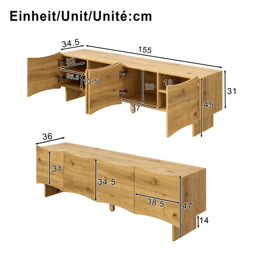 Móvel de TV moderno 155 cm - Estilo ondulado, 4 portas, arrumação e passagem de cabos - Natural Móvel de TV moderno 155 cm - Estilo ondulado, 4 portas, arrumação e passagem de cabos - Natural