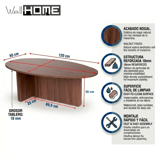 Well Home Mesa de Centro Borneo 120x65x40 cm Acabamento Nogueira, Moderna e Resistente, Tampo de 18 mm em Melamina, Montagem Fácil Well Home Mesa de Centro Borneo 120x65x40 cm Acabamento Nogueira, Moderna e Resistente, Tampo de 18 mm em Melamina, Montagem Fácil