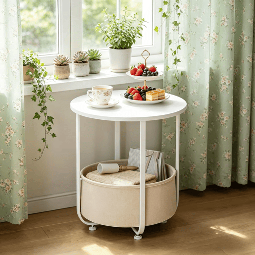 Mesa auxiliar redonda 45x45 cm - Design simples para a sala de estar, estilo moderno - Branco Mesa auxiliar redonda 45x45 cm - Design simples para a sala de estar, estilo moderno - Branco