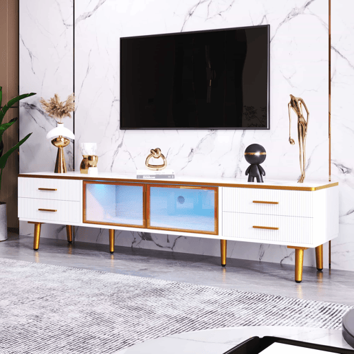 Móvel TV escandinavo 170 cm com LED - 4 gavetas - folheado a mármore - Branco Móvel TV escandinavo 170 cm com LED - 4 gavetas - folheado a mármore - Branco