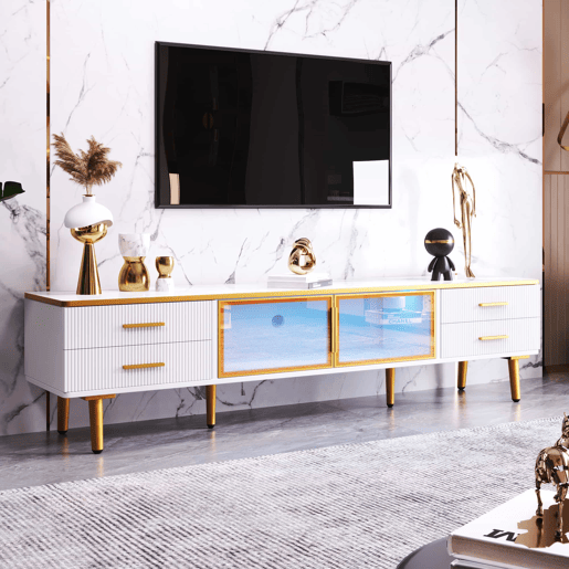 Móvel TV escandinavo 170 cm com LED - 4 gavetas - folheado a mármore - Branco Móvel TV escandinavo 170 cm com LED - 4 gavetas - folheado a mármore - Branco