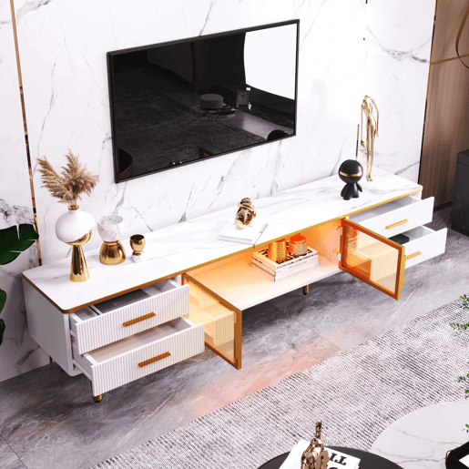 Móvel TV escandinavo 170 cm com LED - 4 gavetas - folheado a mármore - Branco Móvel TV escandinavo 170 cm com LED - 4 gavetas - folheado a mármore - Branco