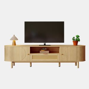 Móvel de TV - Design moderno - Com gavetas de rattan, prateleiras abertas e pés metálicos com acabamento em madeira - Natural