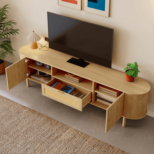 Móvel de TV - Design moderno - Com gavetas de rattan, prateleiras abertas e pés metálicos com acabamento em madeira - Natural Móvel de TV - Design moderno - Com gavetas de rattan, prateleiras abertas e pés metálicos com acabamento em madeira - Natural