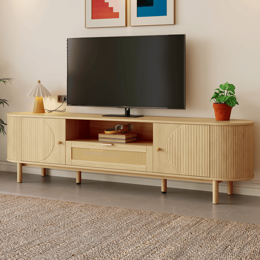 Móvel de TV - Design moderno - Com gavetas de rattan, prateleiras abertas e pés metálicos com acabamento em madeira - Natural Móvel de TV - Design moderno - Com gavetas de rattan, prateleiras abertas e pés metálicos com acabamento em madeira - Natural