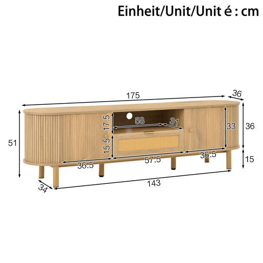 Móvel de TV - Design moderno - Com gavetas de rattan, prateleiras abertas e pés metálicos com acabamento em madeira - Natural Móvel de TV - Design moderno - Com gavetas de rattan, prateleiras abertas e pés metálicos com acabamento em madeira - Natural