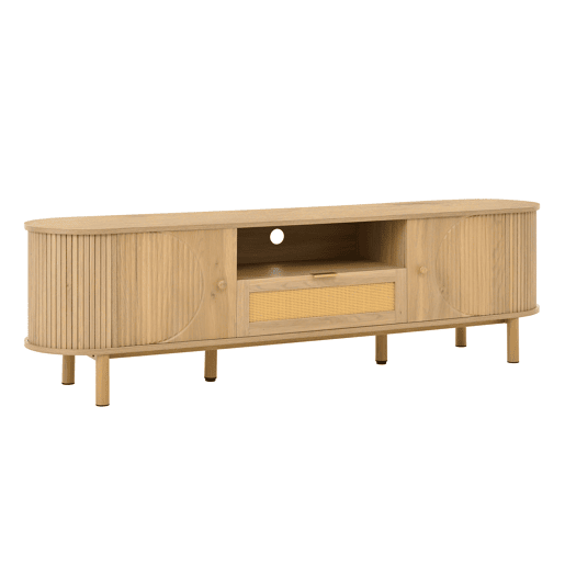 Móvel de TV - Design moderno - Com gavetas de rattan, prateleiras abertas e pés metálicos com acabamento em madeira - Natural Móvel de TV - Design moderno - Com gavetas de rattan, prateleiras abertas e pés metálicos com acabamento em madeira - Natural