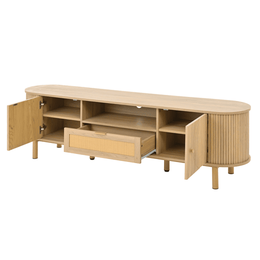 Móvel de TV - Design moderno - Com gavetas de rattan, prateleiras abertas e pés metálicos com acabamento em madeira - Natural Móvel de TV - Design moderno - Com gavetas de rattan, prateleiras abertas e pés metálicos com acabamento em madeira - Natural