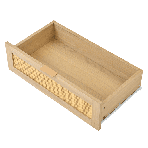 Móvel de TV - Design moderno - Com gavetas de rattan, prateleiras abertas e pés metálicos com acabamento em madeira - Natural Móvel de TV - Design moderno - Com gavetas de rattan, prateleiras abertas e pés metálicos com acabamento em madeira - Natural