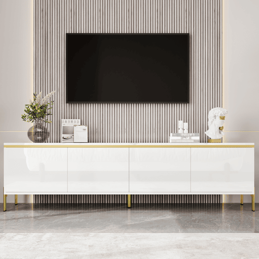 Móvel de TV moderno - 4 portas, alto brilho, ranhura para cabos, rebordo dourado - Branco