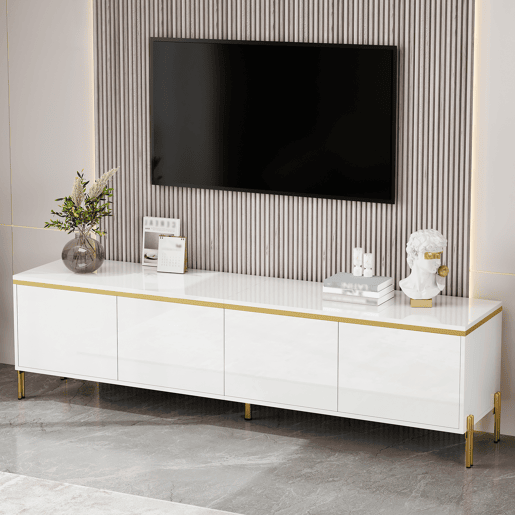 Móvel de TV moderno - 4 portas, alto brilho, ranhura para cabos, rebordo dourado - Branco