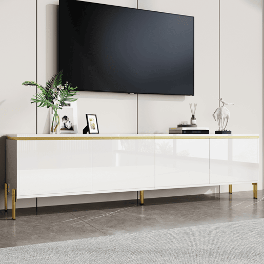 Móvel de TV moderno - 4 portas, alto brilho, ranhura para cabos, rebordo dourado - Branco