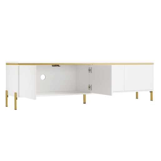 Móvel de TV moderno - 4 portas, alto brilho, ranhura para cabos, rebordo dourado - Branco
