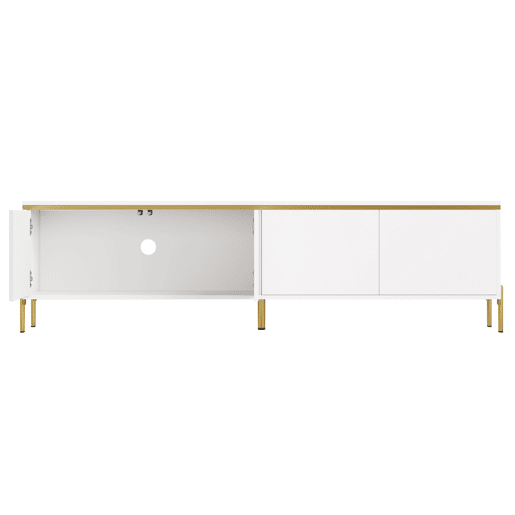 Móvel de TV moderno - 4 portas, alto brilho, ranhura para cabos, rebordo dourado - Branco