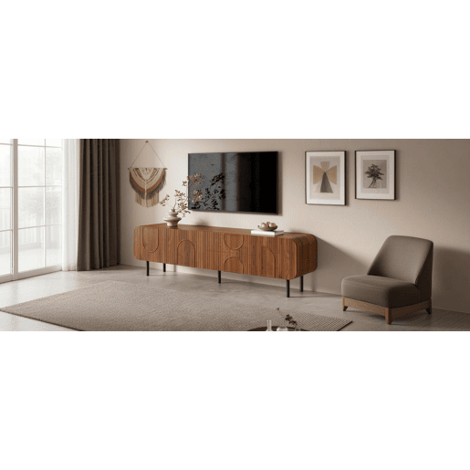 Móvel de TV com 3 portas e 2 gavetas - estilo Mid-Century, ranhuras verticais, relevos em arco, cantos arredondados, pés metálicos, passagem para cabos, móvel de sala - Nogueira
