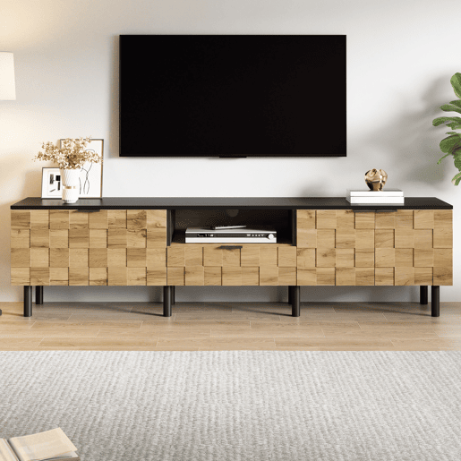 Móvel para televisão de 160 cm - 2 portas com gaveta, prateleira aberta, pés de metal, estilo madeira - Natural Móvel para televisão de 160 cm - 2 portas com gaveta, prateleira aberta, pés de metal, estilo madeira - Natural