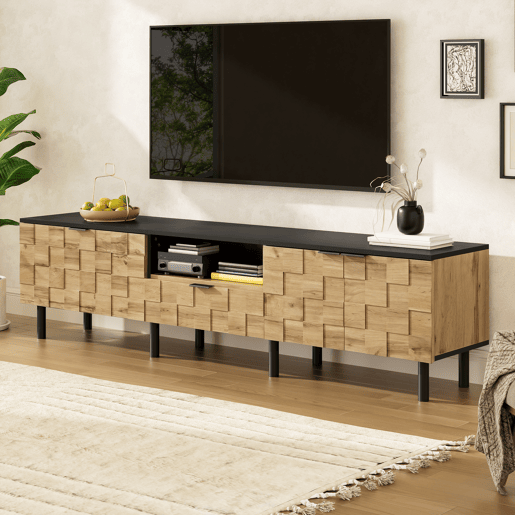 Móvel para televisão de 160 cm - 2 portas com gaveta, prateleira aberta, pés de metal, estilo madeira - Natural Móvel para televisão de 160 cm - 2 portas com gaveta, prateleira aberta, pés de metal, estilo madeira - Natural