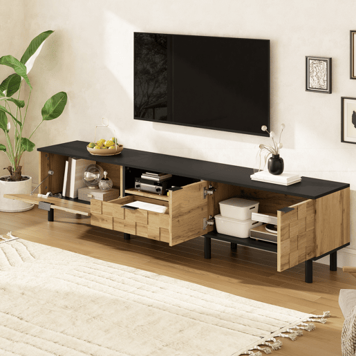 Móvel para televisão de 160 cm - 2 portas com gaveta, prateleira aberta, pés de metal, estilo madeira - Natural Móvel para televisão de 160 cm - 2 portas com gaveta, prateleira aberta, pés de metal, estilo madeira - Natural