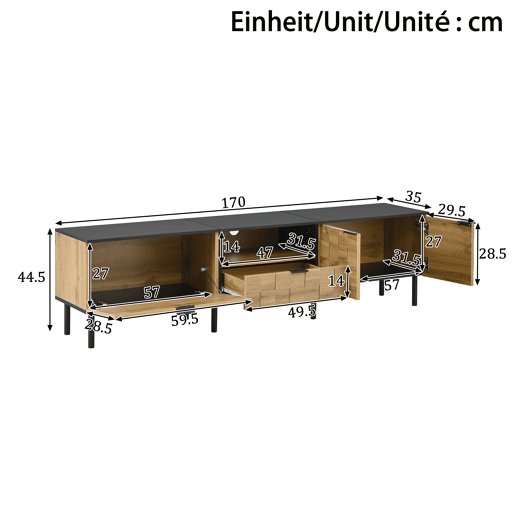 Móvel para televisão de 160 cm - 2 portas com gaveta, prateleira aberta, pés de metal, estilo madeira - Natural Móvel para televisão de 160 cm - 2 portas com gaveta, prateleira aberta, pés de metal, estilo madeira - Natural