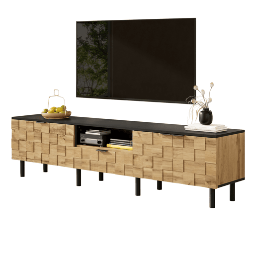 Móvel para televisão de 160 cm - 2 portas com gaveta, prateleira aberta, pés de metal, estilo madeira - Natural Móvel para televisão de 160 cm - 2 portas com gaveta, prateleira aberta, pés de metal, estilo madeira - Natural
