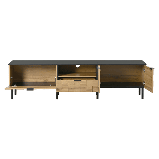 Móvel para televisão de 160 cm - 2 portas com gaveta, prateleira aberta, pés de metal, estilo madeira - Natural Móvel para televisão de 160 cm - 2 portas com gaveta, prateleira aberta, pés de metal, estilo madeira - Natural