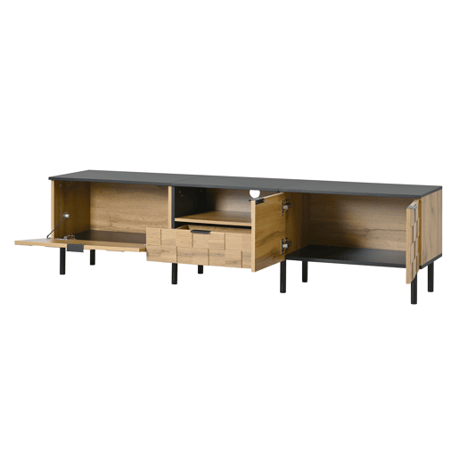 Móvel para televisão de 160 cm - 2 portas com gaveta, prateleira aberta, pés de metal, estilo madeira - Natural Móvel para televisão de 160 cm - 2 portas com gaveta, prateleira aberta, pés de metal, estilo madeira - Natural