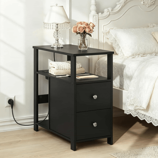 Mesa auxiliar estreita 60 x 30 cm - design moderno com tomada integrada - Preto Mesa auxiliar estreita 60 x 30 cm - design moderno com tomada integrada - Preto