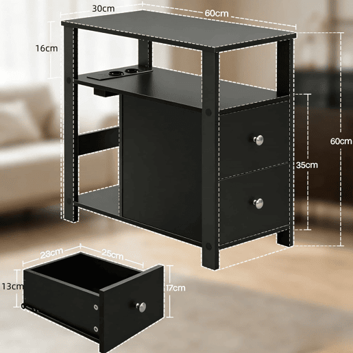 Mesa auxiliar estreita 60 x 30 cm - design moderno com tomada integrada - Preto Mesa auxiliar estreita 60 x 30 cm - design moderno com tomada integrada - Preto