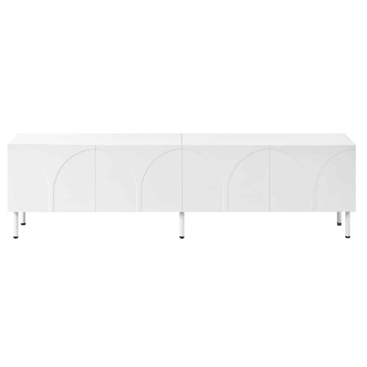 Móvel de TV tipo lowboard u2014 linhas curvas tridimensionais, 4 portas, duplo espaço de arrumação, pés metálicos - branco Móvel de TV tipo lowboard u2014 linhas curvas tridimensionais, 4 portas, duplo espaço de arrumação, pés metálicos - branco