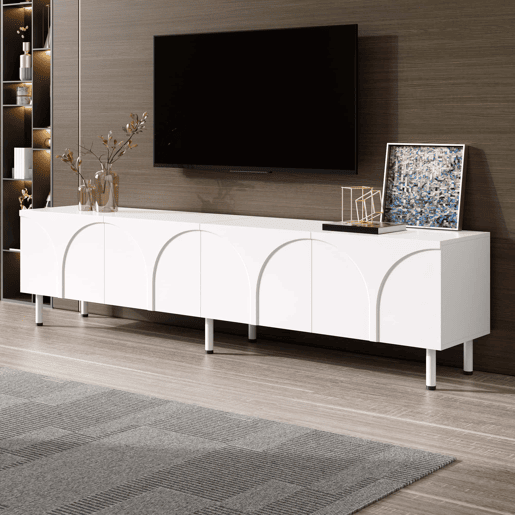 Móvel de TV tipo lowboard u2014 linhas curvas tridimensionais, 4 portas, duplo espaço de arrumação, pés metálicos - branco Móvel de TV tipo lowboard u2014 linhas curvas tridimensionais, 4 portas, duplo espaço de arrumação, pés metálicos - branco
