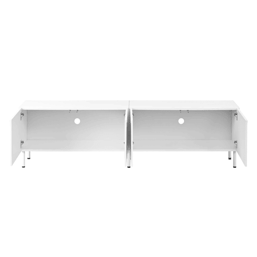 Móvel de TV tipo lowboard u2014 linhas curvas tridimensionais, 4 portas, duplo espaço de arrumação, pés metálicos - branco Móvel de TV tipo lowboard u2014 linhas curvas tridimensionais, 4 portas, duplo espaço de arrumação, pés metálicos - branco