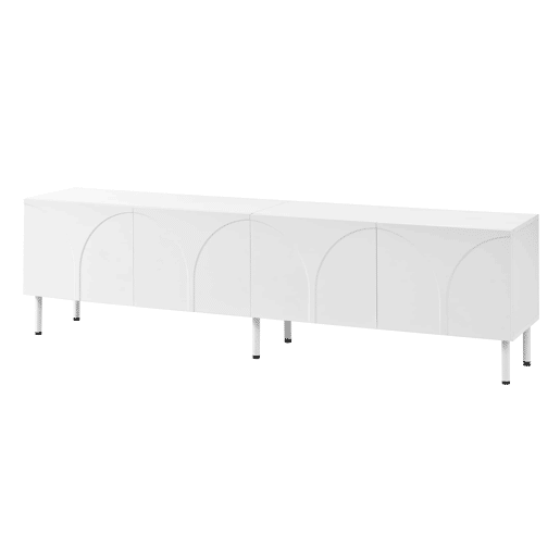 Móvel de TV tipo lowboard u2014 linhas curvas tridimensionais, 4 portas, duplo espaço de arrumação, pés metálicos - branco Móvel de TV tipo lowboard u2014 linhas curvas tridimensionais, 4 portas, duplo espaço de arrumação, pés metálicos - branco
