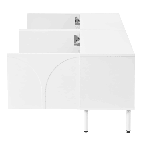 Móvel de TV tipo lowboard u2014 linhas curvas tridimensionais, 4 portas, duplo espaço de arrumação, pés metálicos - branco Móvel de TV tipo lowboard u2014 linhas curvas tridimensionais, 4 portas, duplo espaço de arrumação, pés metálicos - branco