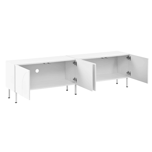 Móvel de TV tipo lowboard u2014 linhas curvas tridimensionais, 4 portas, duplo espaço de arrumação, pés metálicos - branco Móvel de TV tipo lowboard u2014 linhas curvas tridimensionais, 4 portas, duplo espaço de arrumação, pés metálicos - branco