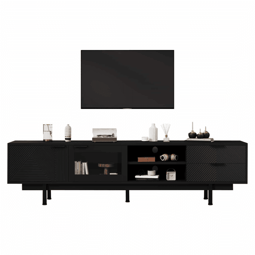 Móvel de TV 200x40x50,5 cm - Lowboard com 2 portas e 2 gavetas, suporte para TV com grande capacidade de armazenamento - Preto Móvel de TV 200x40x50,5 cm - Lowboard com 2 portas e 2 gavetas, suporte para TV com grande capacidade de armazenamento - Preto