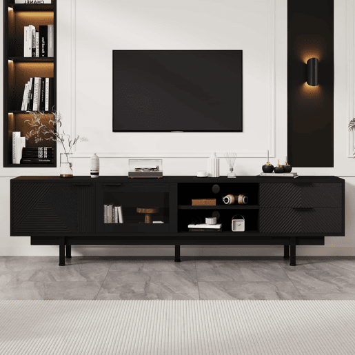 Móvel de TV 200x40x50,5 cm - Lowboard com 2 portas e 2 gavetas, suporte para TV com grande capacidade de armazenamento - Preto Móvel de TV 200x40x50,5 cm - Lowboard com 2 portas e 2 gavetas, suporte para TV com grande capacidade de armazenamento - Preto
