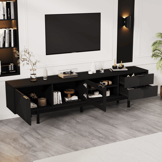 Móvel de TV 200x40x50,5 cm - Lowboard com 2 portas e 2 gavetas, suporte para TV com grande capacidade de armazenamento - Preto Móvel de TV 200x40x50,5 cm - Lowboard com 2 portas e 2 gavetas, suporte para TV com grande capacidade de armazenamento - Preto