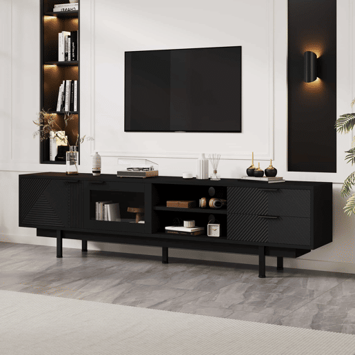 Móvel de TV 200x40x50,5 cm - Lowboard com 2 portas e 2 gavetas, suporte para TV com grande capacidade de armazenamento - Preto Móvel de TV 200x40x50,5 cm - Lowboard com 2 portas e 2 gavetas, suporte para TV com grande capacidade de armazenamento - Preto