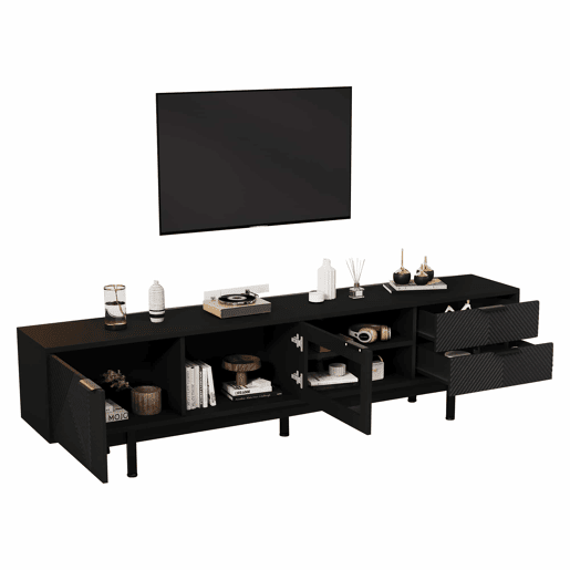 Móvel de TV 200x40x50,5 cm - Lowboard com 2 portas e 2 gavetas, suporte para TV com grande capacidade de armazenamento - Preto Móvel de TV 200x40x50,5 cm - Lowboard com 2 portas e 2 gavetas, suporte para TV com grande capacidade de armazenamento - Preto
