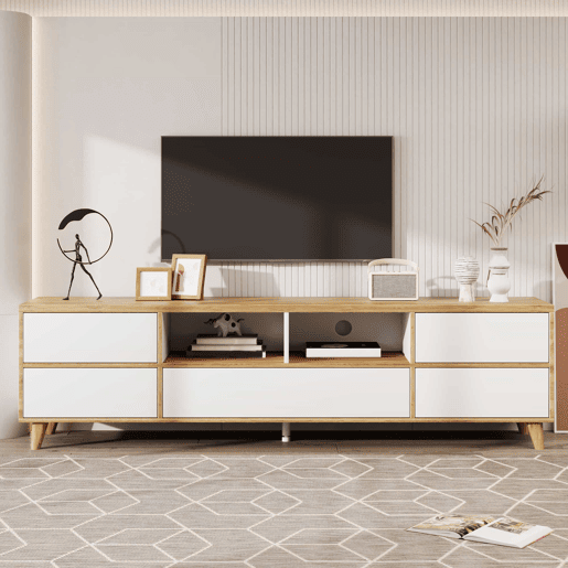 Armário TV 175cm - 5 portas + 2 compartimentos - estilo contemporâneo - Natural e Branco