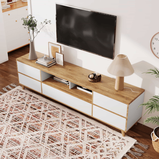 Armário TV 175cm - 5 portas + 2 compartimentos - estilo contemporâneo - Natural e Branco