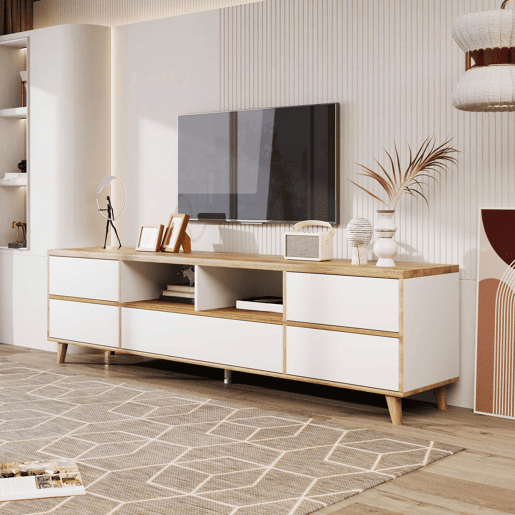 Armário TV 175cm - 5 portas + 2 compartimentos - estilo contemporâneo - Natural e Branco
