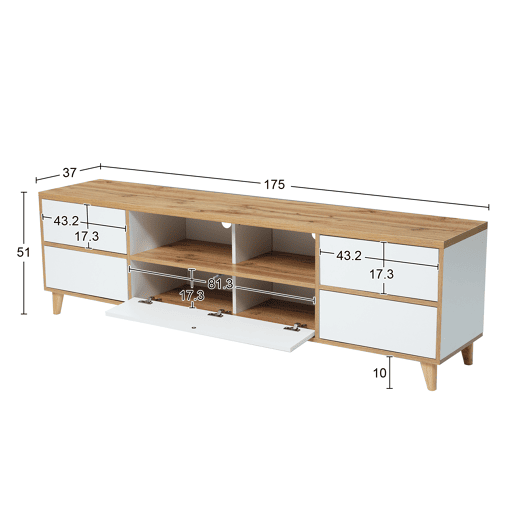Armário TV 175cm - 5 portas + 2 compartimentos - estilo contemporâneo - Natural e Branco