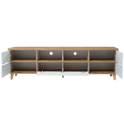Armário TV 175cm - 5 portas + 2 compartimentos - estilo contemporâneo - Natural e Branco