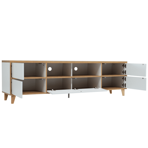 Armário TV 175cm - 5 portas + 2 compartimentos - estilo contemporâneo - Natural e Branco