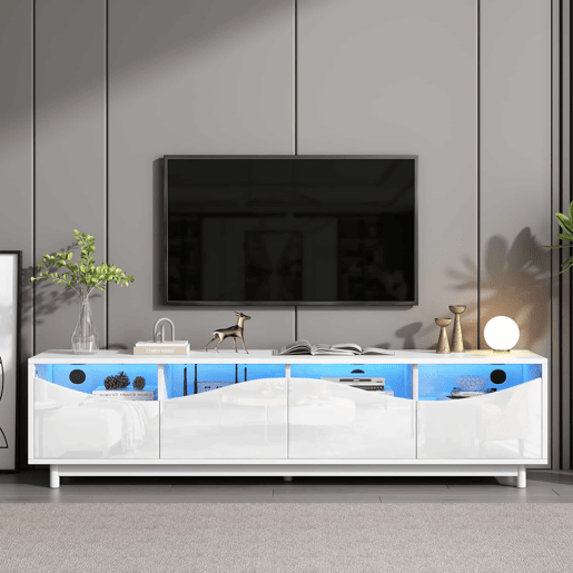 Móvel de TV 175x38x51 cm - Design curvo, porta em vidro temperado, iluminação LED, para sala e quarto - Branco Móvel de TV 175x38x51 cm - Design curvo, porta em vidro temperado, iluminação LED, para sala e quarto - Branco