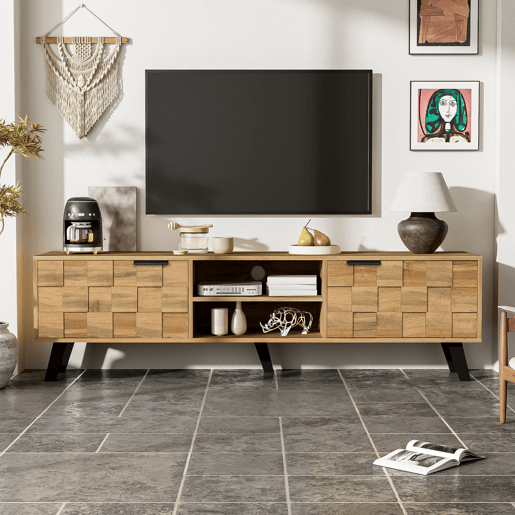 Armário moderno para televisão - com 2 portas e 2 compartimentos abertos - Natural Armário moderno para televisão - com 2 portas e 2 compartimentos abertos - Natural
